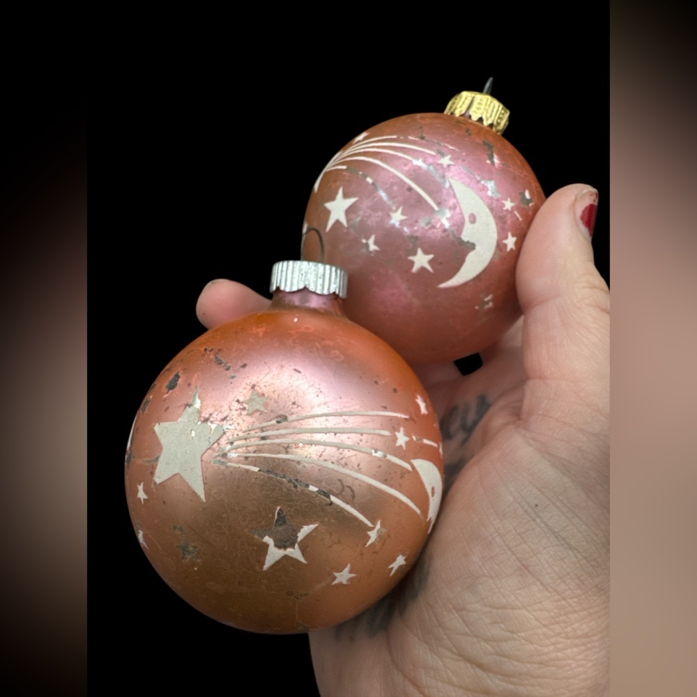 Vintage Pale Pink Stenciled Shiny Brite Moon Stars Saturn Glass Ornaments Two